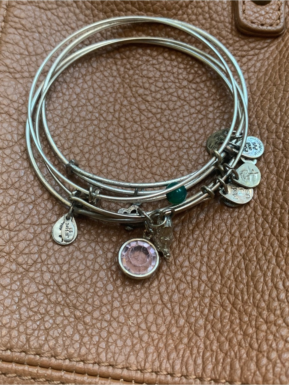 Alex and Ani Silver Tone Bangle Set with Pink Crystal and Green Accent
